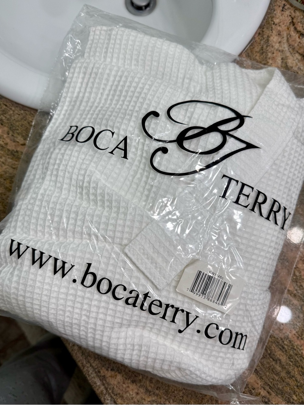 Boca Terry Spa Robe Womens One Size White Waffle Kimono Cotton Blend Bathrobe